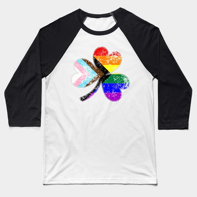 LGBTQ Progress Pride Shamrock Baseball T-Shirt by wheedesign